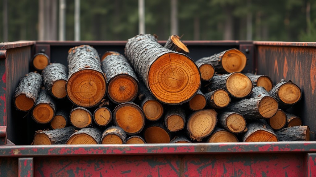 Свежеспиленные брёвна сложены в кузове или контейнере на фоне леса